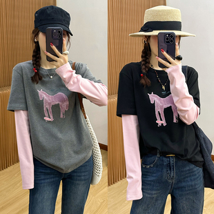 小马印花假两件磨毛T恤女欧洲站2025冬装新款欧货女装打底小衫潮