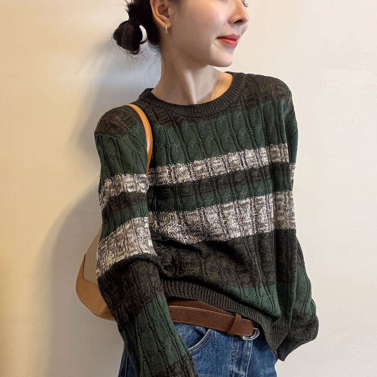 撞色条纹麻花羊毛针织衫女欧洲站