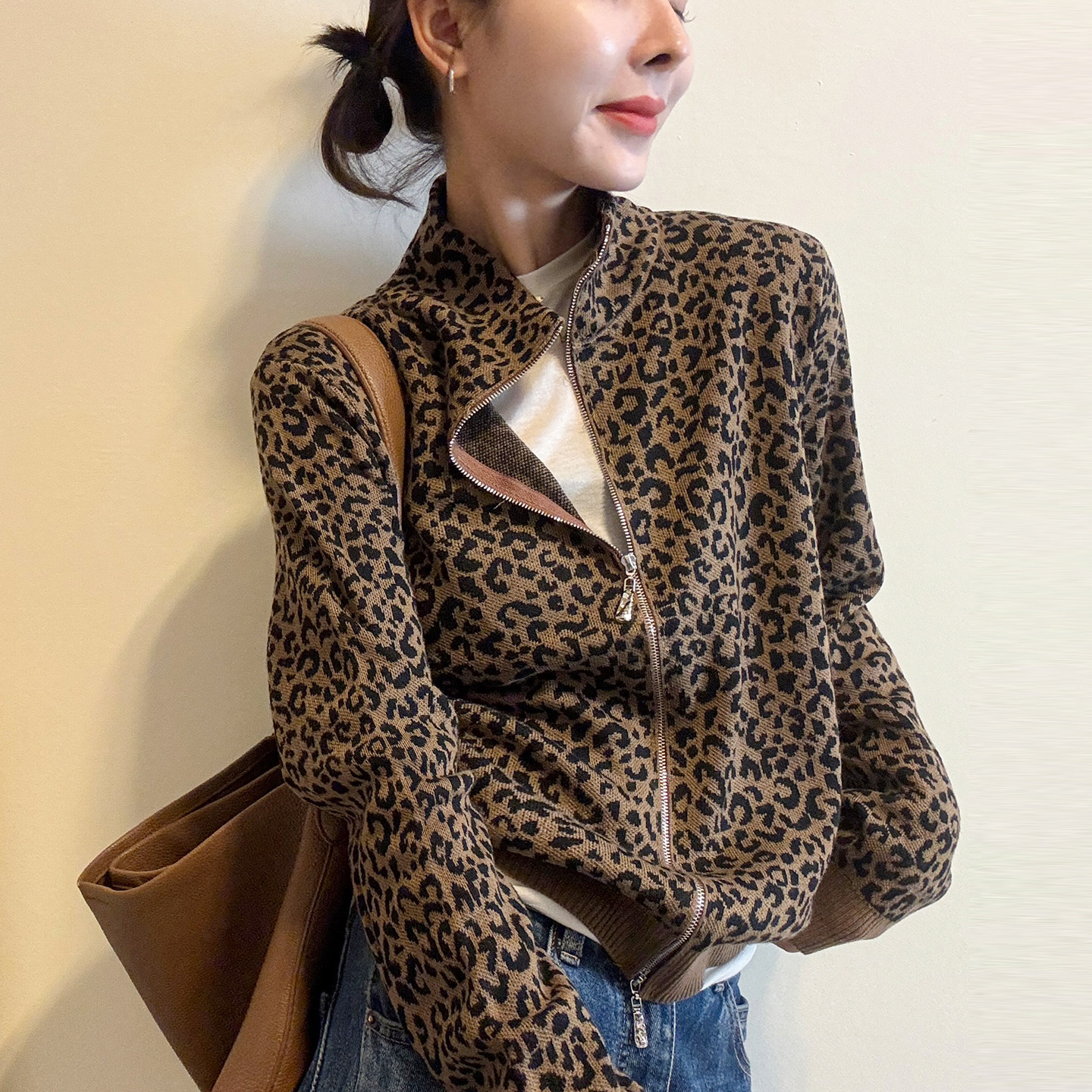 复古立领豹纹羊毛针织开衫女欧货