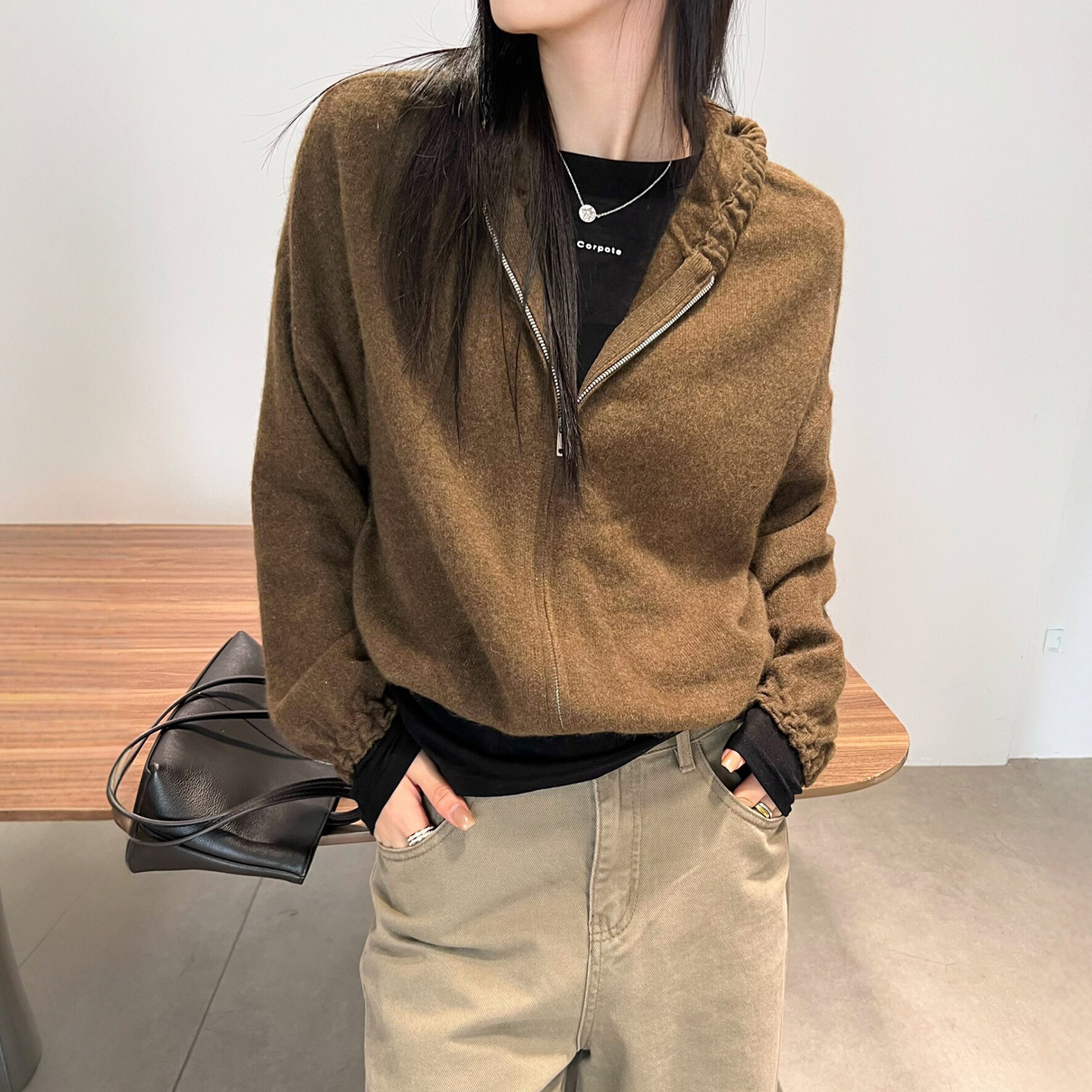 复古连帽羊毛针织开衫女欧货外套