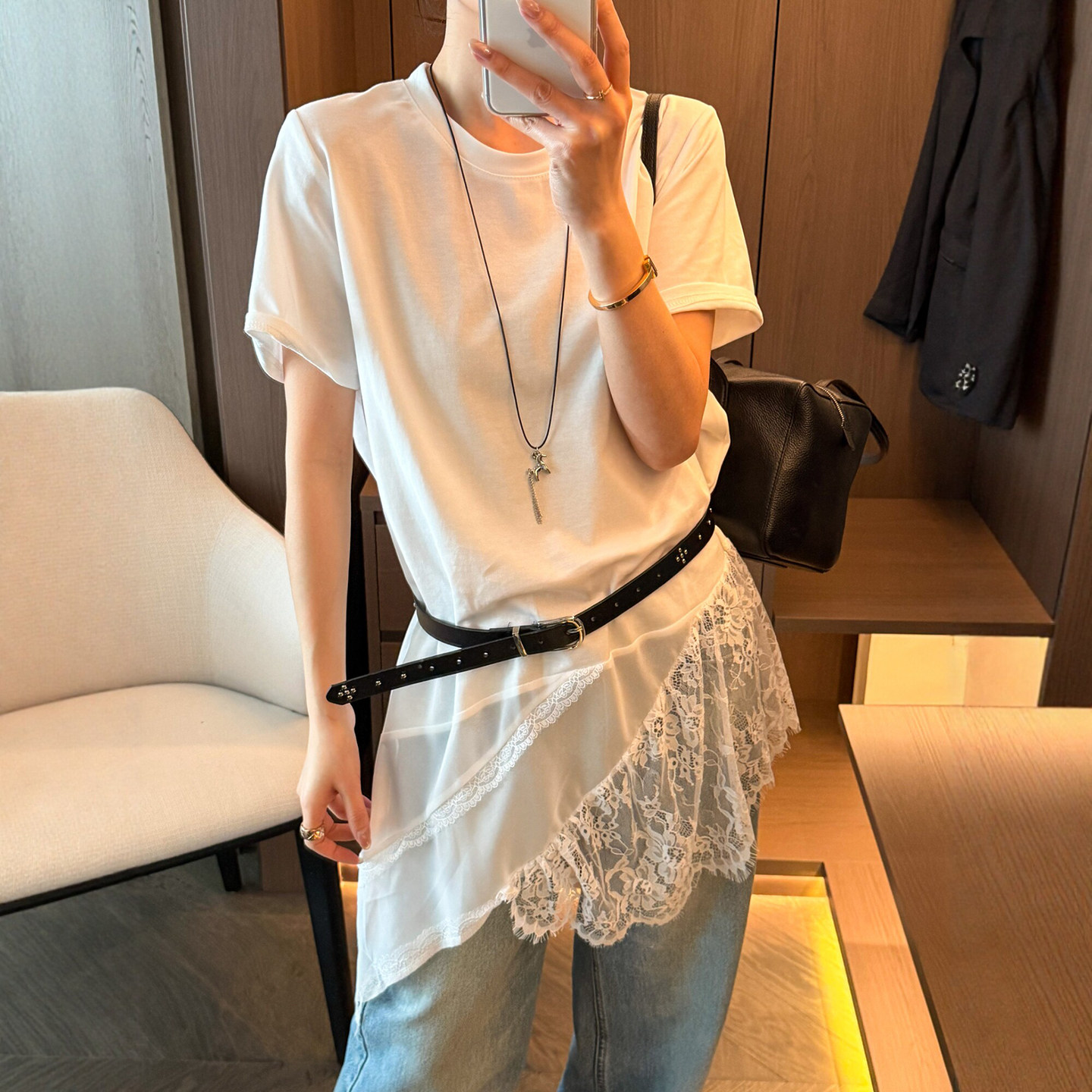 不规则蕾丝拼接大版T恤女欧洲站2026春装新款欧货女装休闲上衣潮