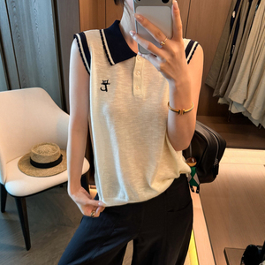 猫咪刺绣POLO领冰丝针织衫女欧货