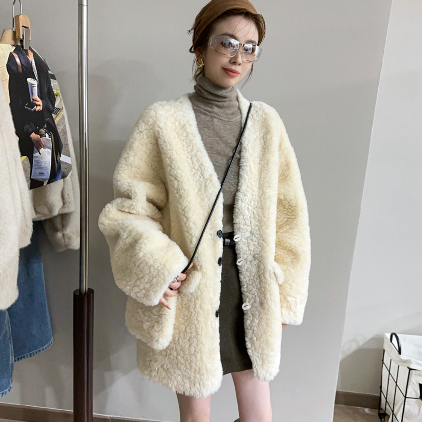 配包包颗粒绒皮毛一体羊羔毛外套