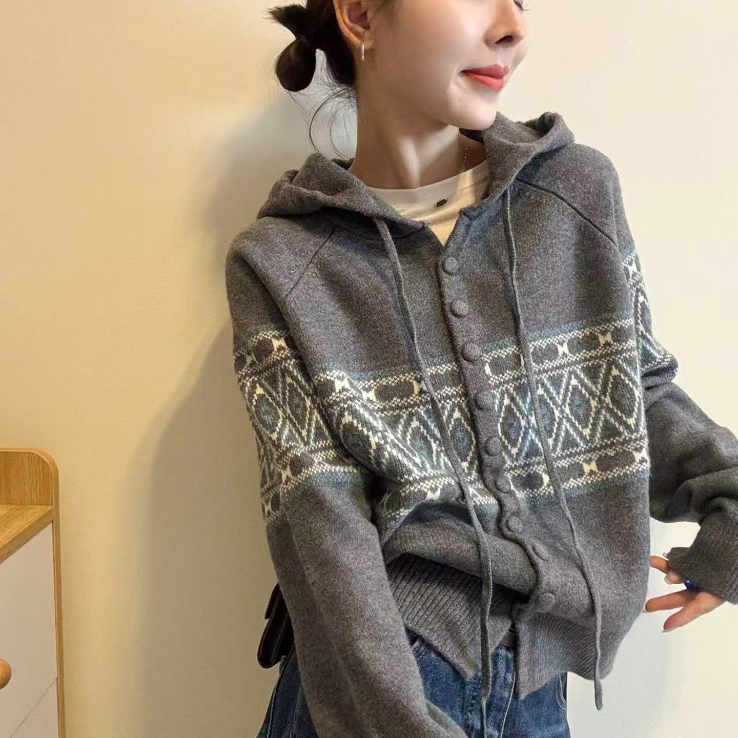 复古提花连帽羊毛针织开衫女欧货