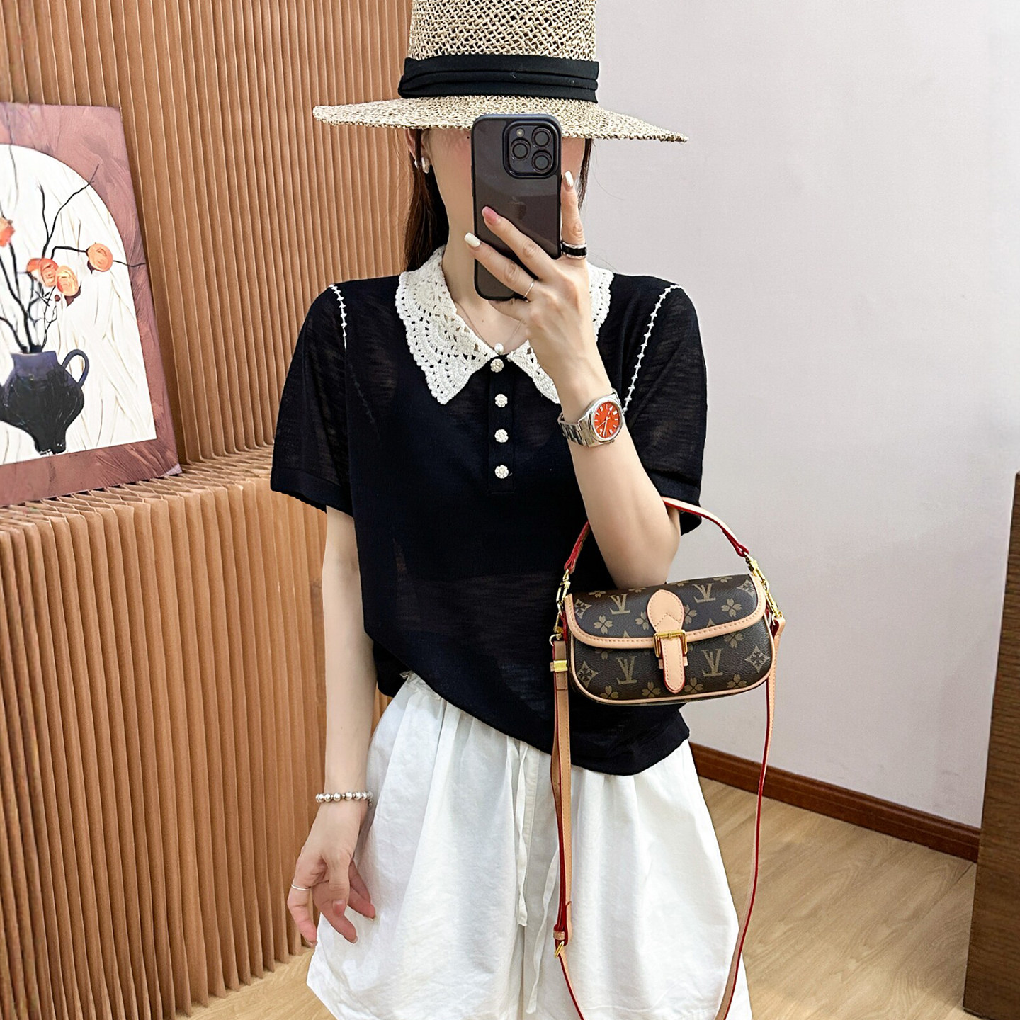 POLO领镂空钩花冰丝针织衫女欧货