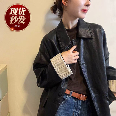 复古翻领蛋白皮PU风衣外套女欧货