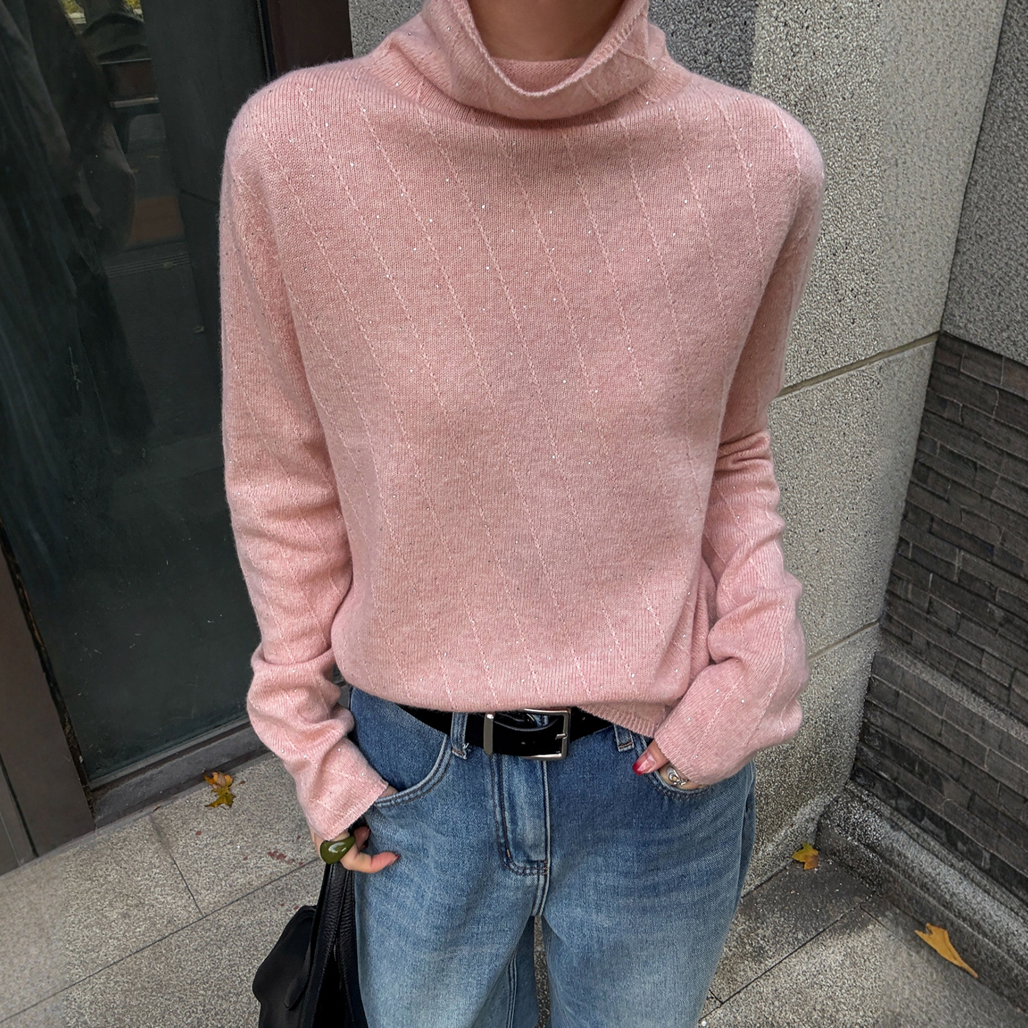 堆堆领斜纹高领羊绒针织衫女欧货