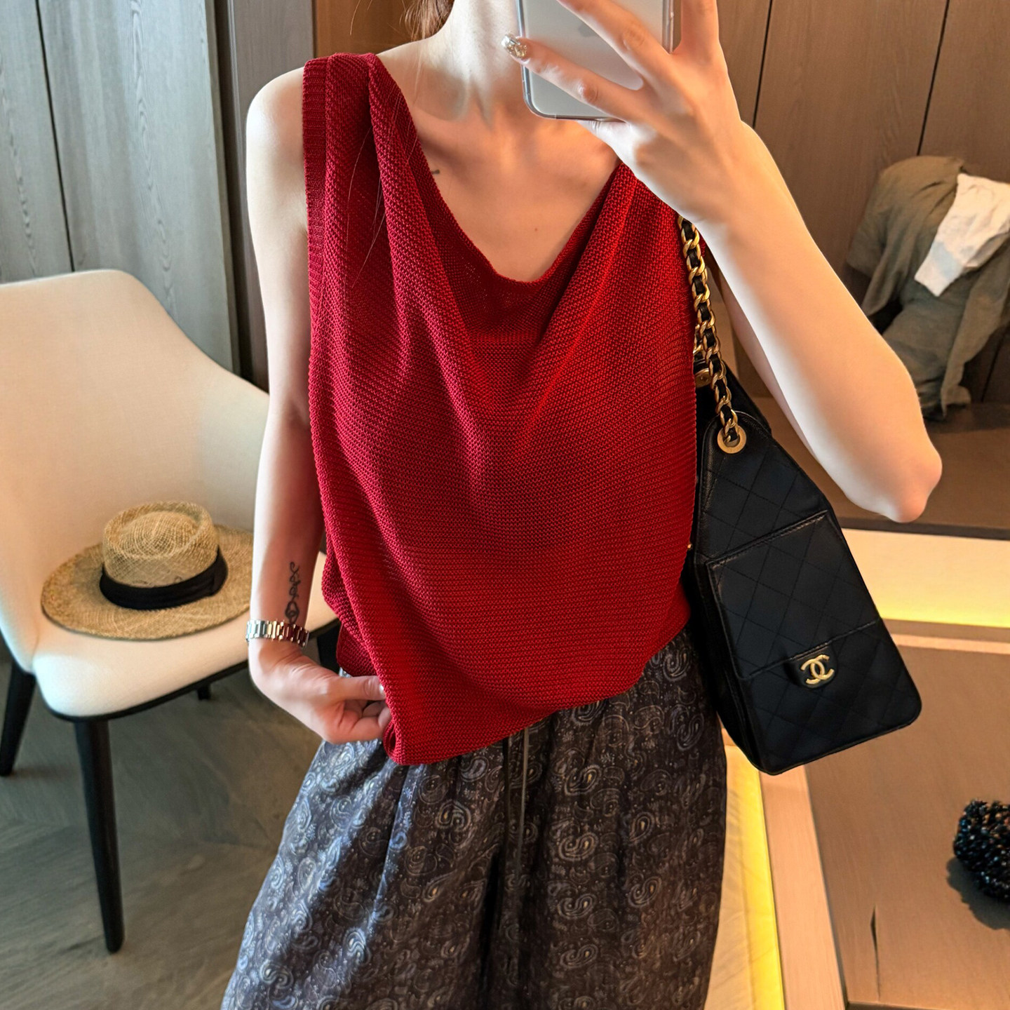 不规则V领冰丝针织背心女欧洲站