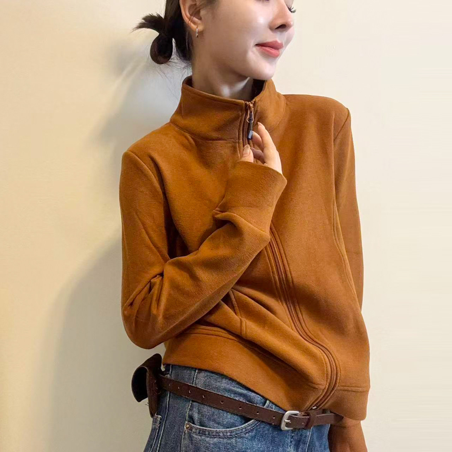 复古立领德绒卫衣开衫外套女欧货