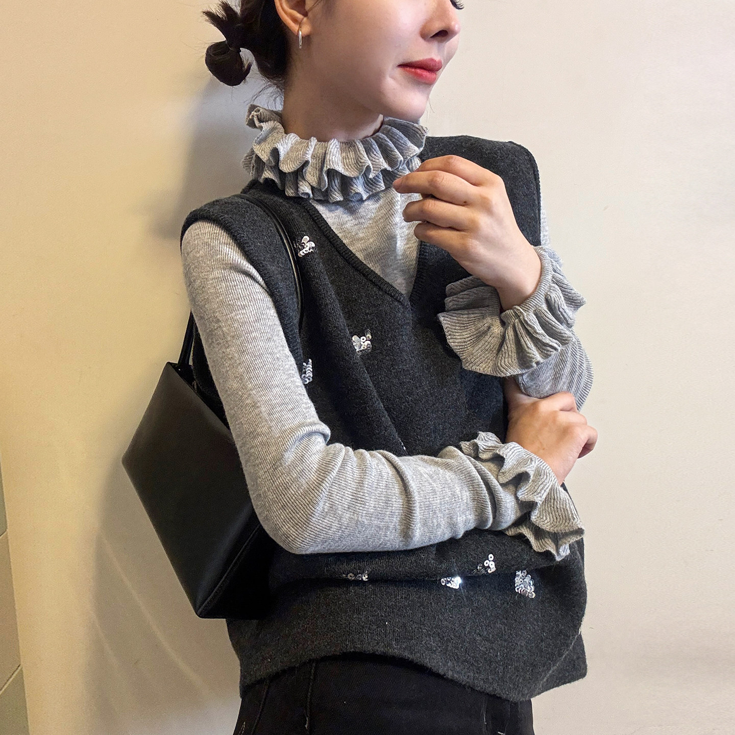 重工亮片羊毛针织马甲背心两件套