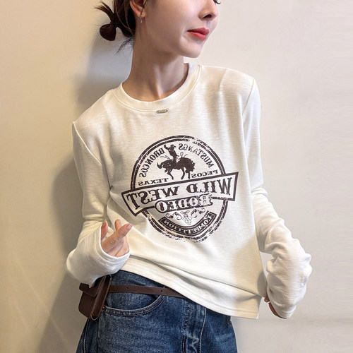 复古印花磨毛德绒T恤女欧货上衣