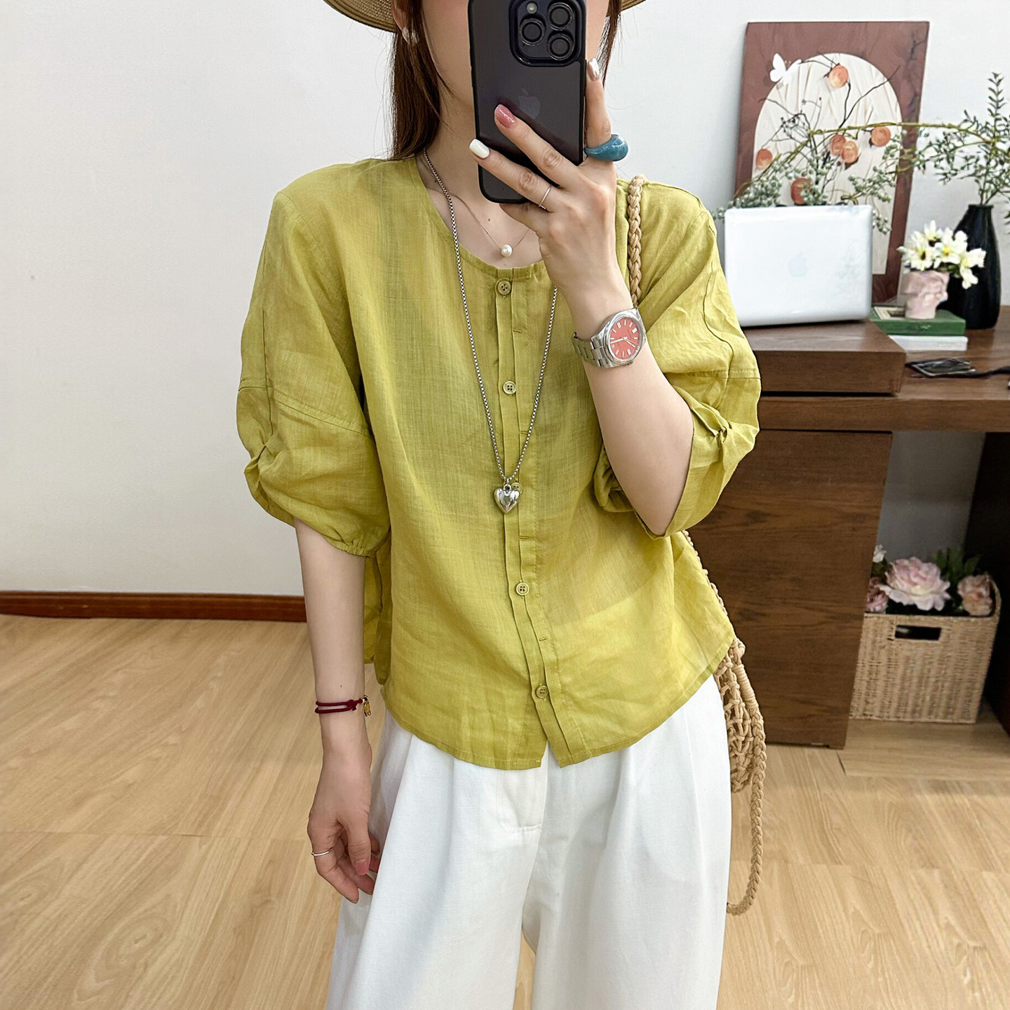 泡泡袖褶皱A字麻料衬衫女欧洲站