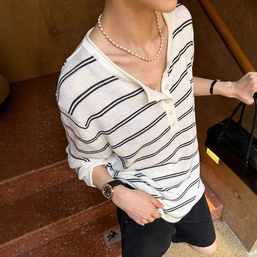 撞色条纹半开领羊毛针织衫女欧货