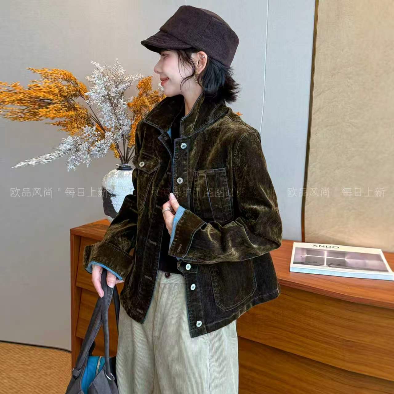 复古立领金丝绒棒球服外套女欧货