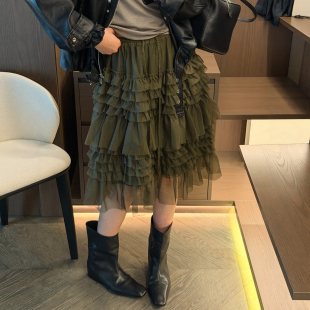 时尚 欧货女装 蛋糕裙潮 新款 不规则网纱A字半身裙女欧洲站2026春装