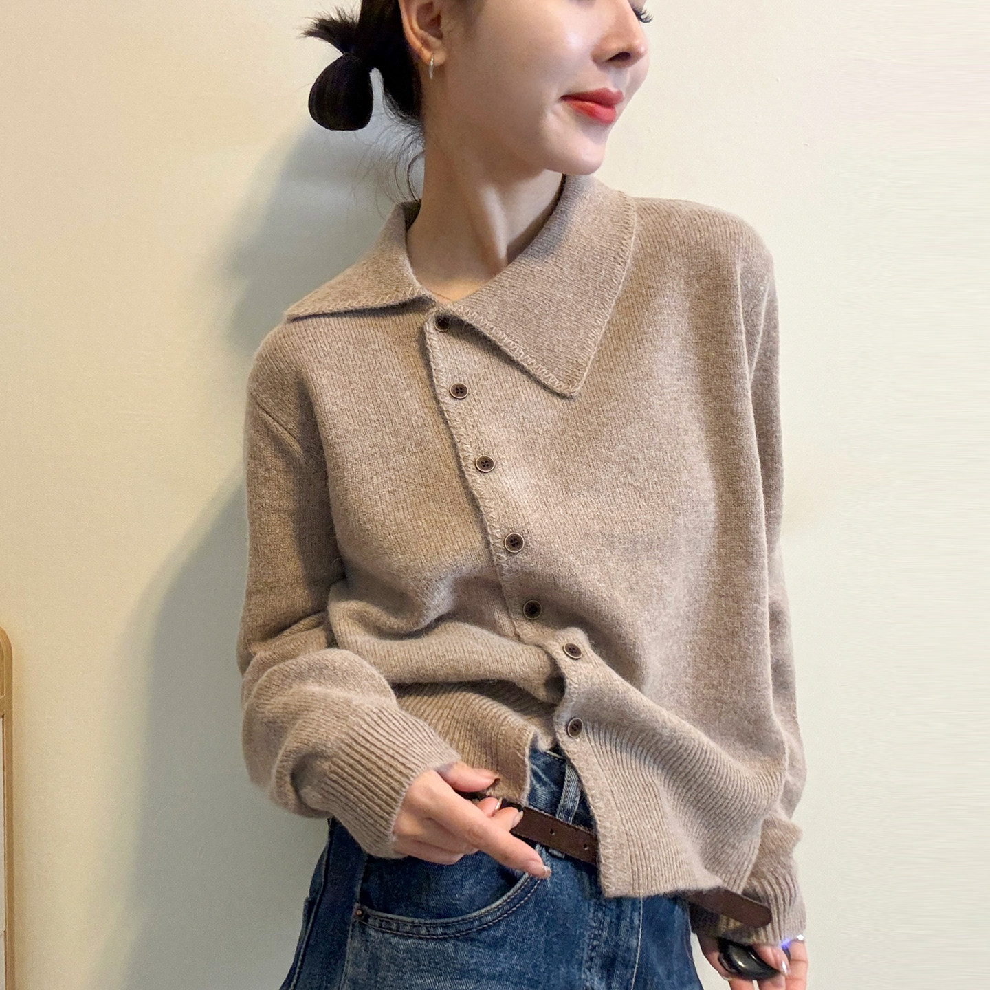 不规则翻领羊毛针织开衫女欧洲站