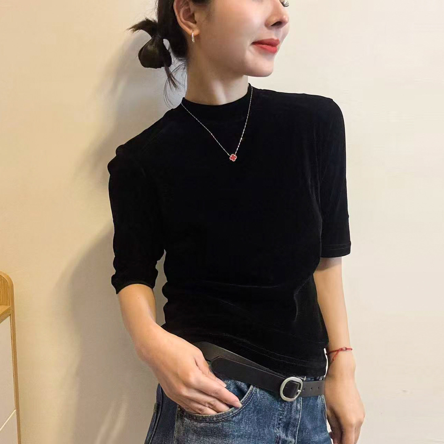 小半高领金丝绒中袖T恤女欧洲站