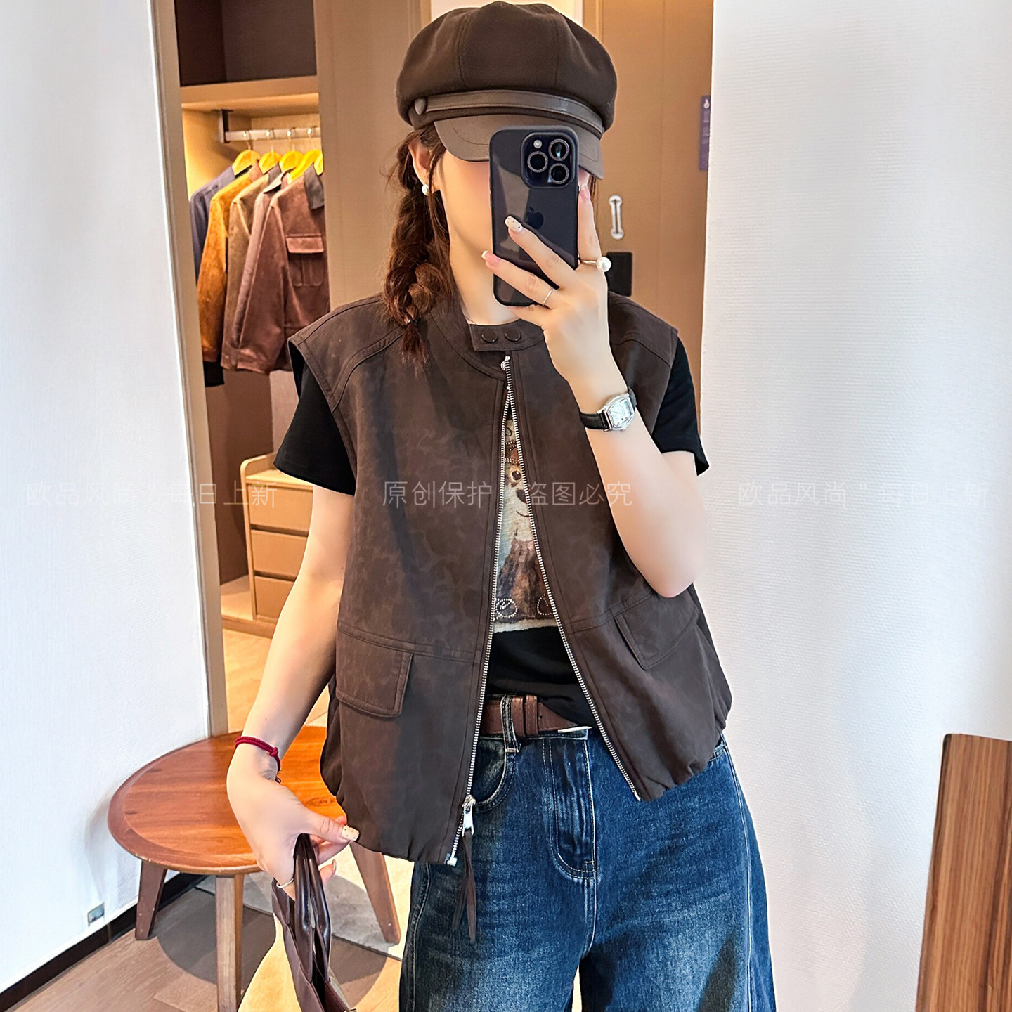 灯芯绒豹纹印花马甲外套女欧洲站