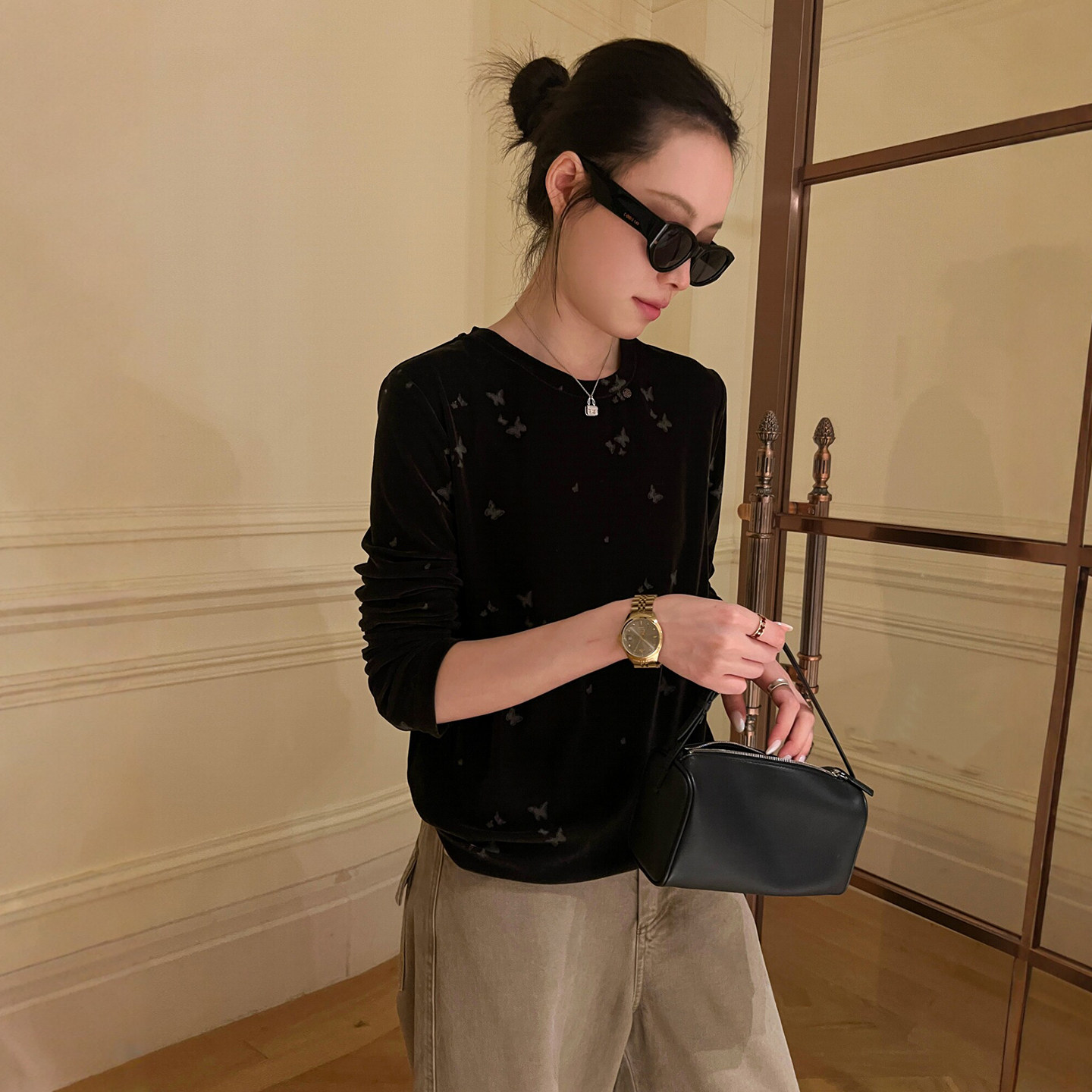 蝴蝶印花金丝绒长袖T恤女欧洲站