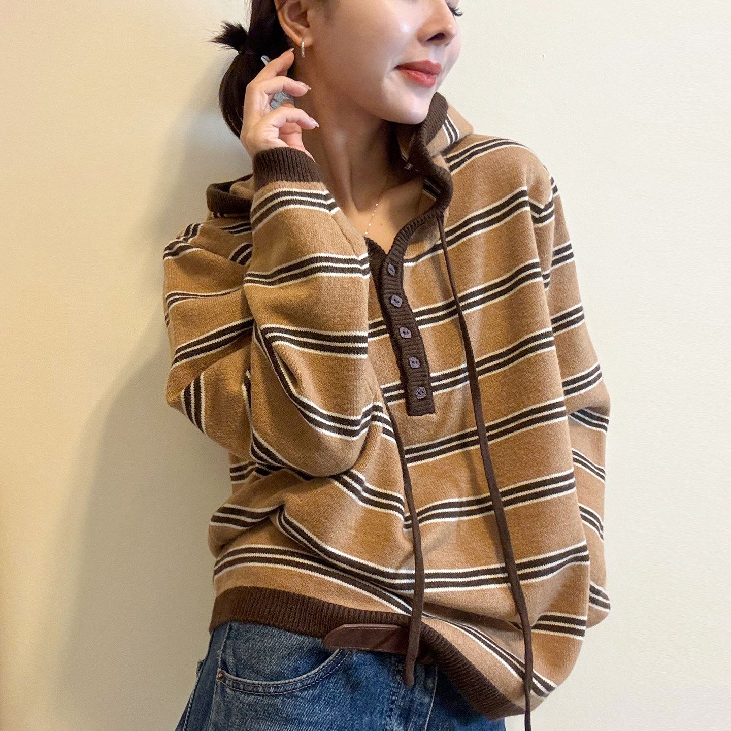 抽绳连帽条纹羊毛针织衫女欧洲站