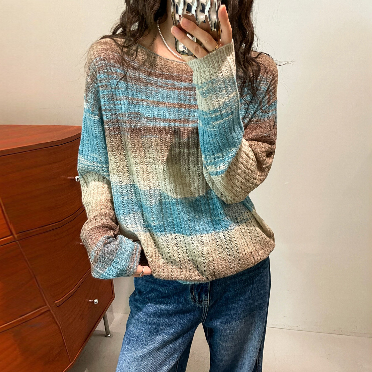 渐变色条纹山羊绒针织衫女欧洲站
