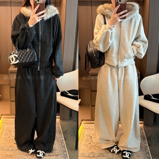 配毛领加绒卫衣外套阔腿裤两件套装女欧洲站2026秋季新款欧货女装