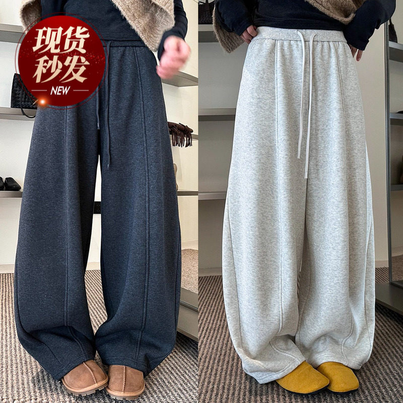 抽绳拖地弯刀加绒阔腿裤女欧洲站2025冬装新款欧货女装休闲卫裤潮