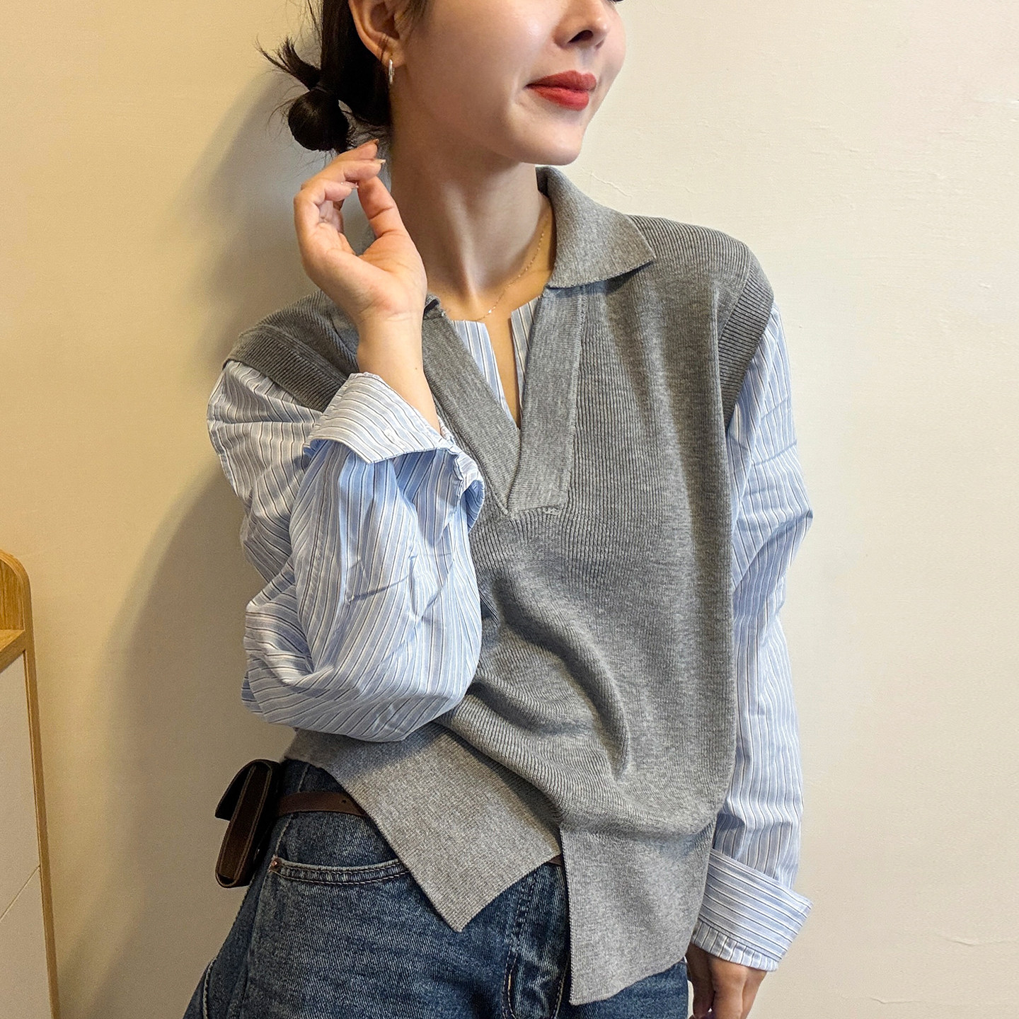 假两件拼接翻领针织衫女欧洲站2026春装新款欧货女装设计感上衣潮