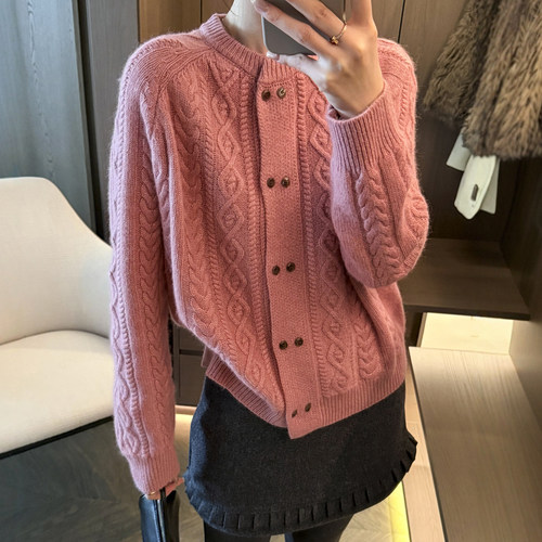双排扣麻花纹羊毛针织开衫女欧货