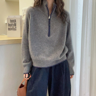 撞色拉链高领羊绒针织衫女欧洲站2025冬装新款欧货女装打底毛衣潮