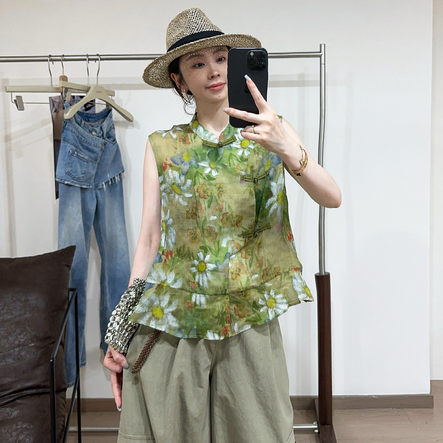 新中式盘扣印花亚麻衬衫女欧洲站