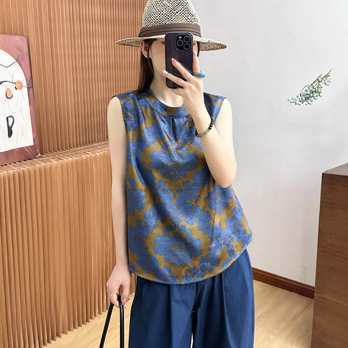 新中式国风印花无袖衬衫女欧洲站