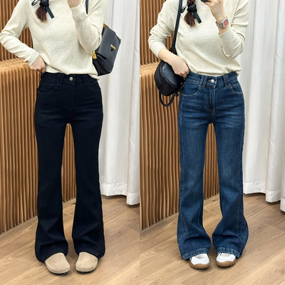 四面弹加绒微喇牛仔裤女欧洲站潮