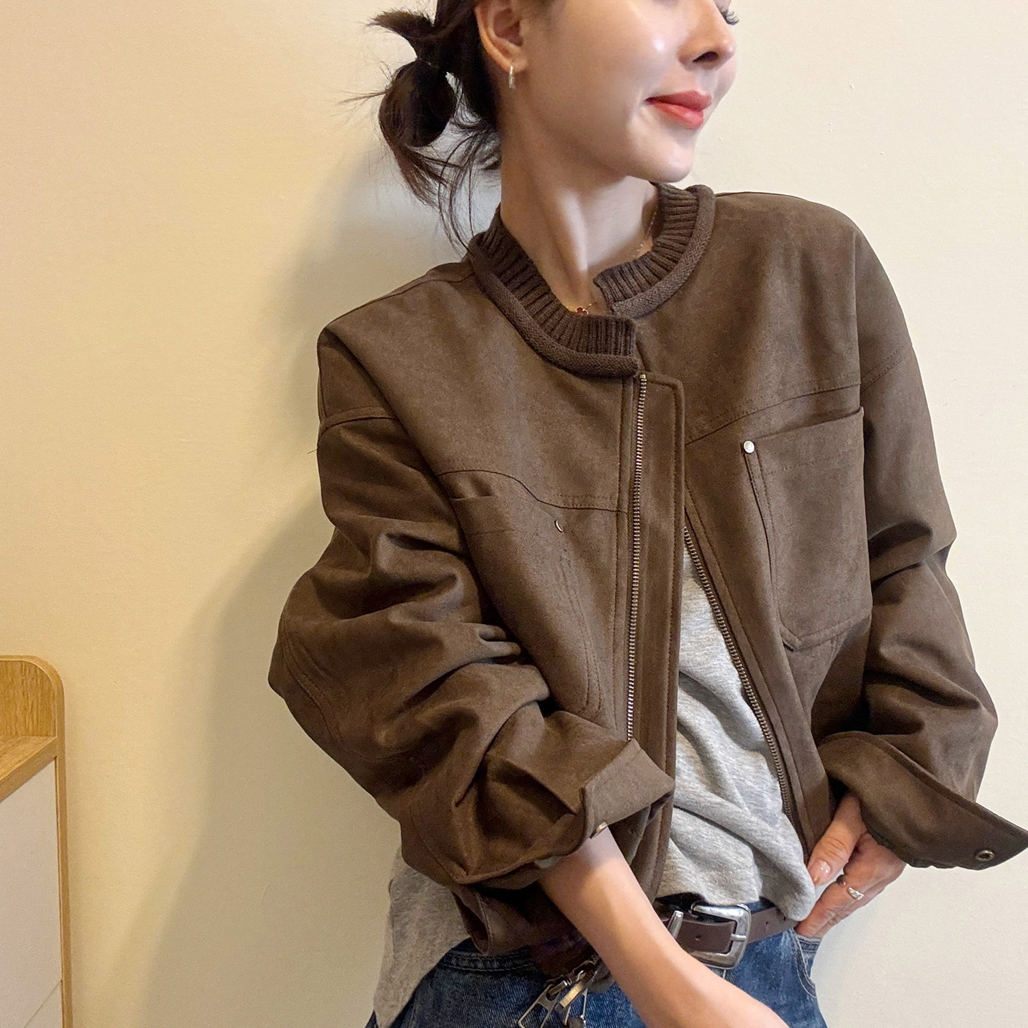 麂皮绒棒球领加棉短外套女欧洲站