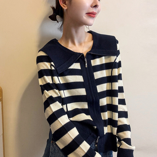 撞色条纹海军领羊毛针织开衫女欧洲站2026春装新款欧货女装毛衣潮