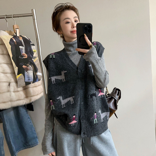 潮 欧货女装 复古提花V领羊绒针织马甲短外套女欧洲站2025冬装 新款