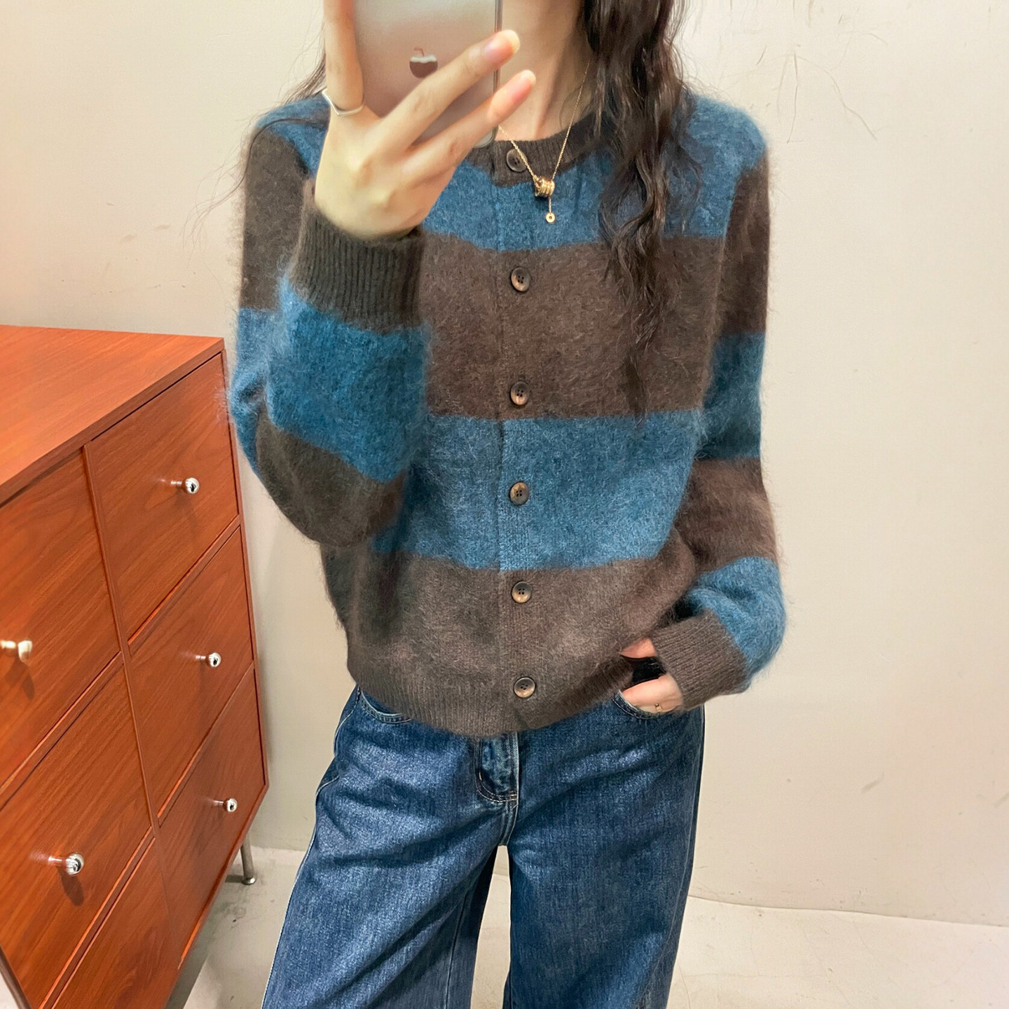 撞色条纹羊绒拉毛针织开衫欧洲站