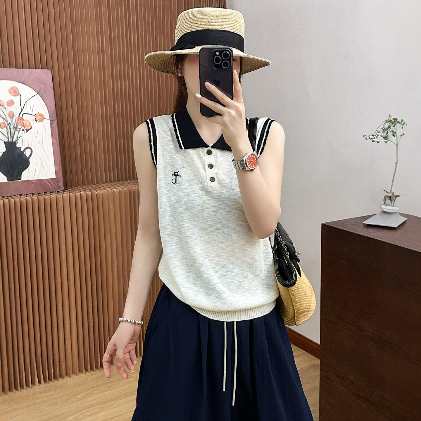 小猫刺绣POLO领冰丝针织衫女欧货
