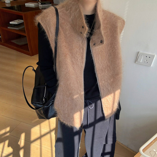 复古立领羊毛拉绒马甲外套女欧货