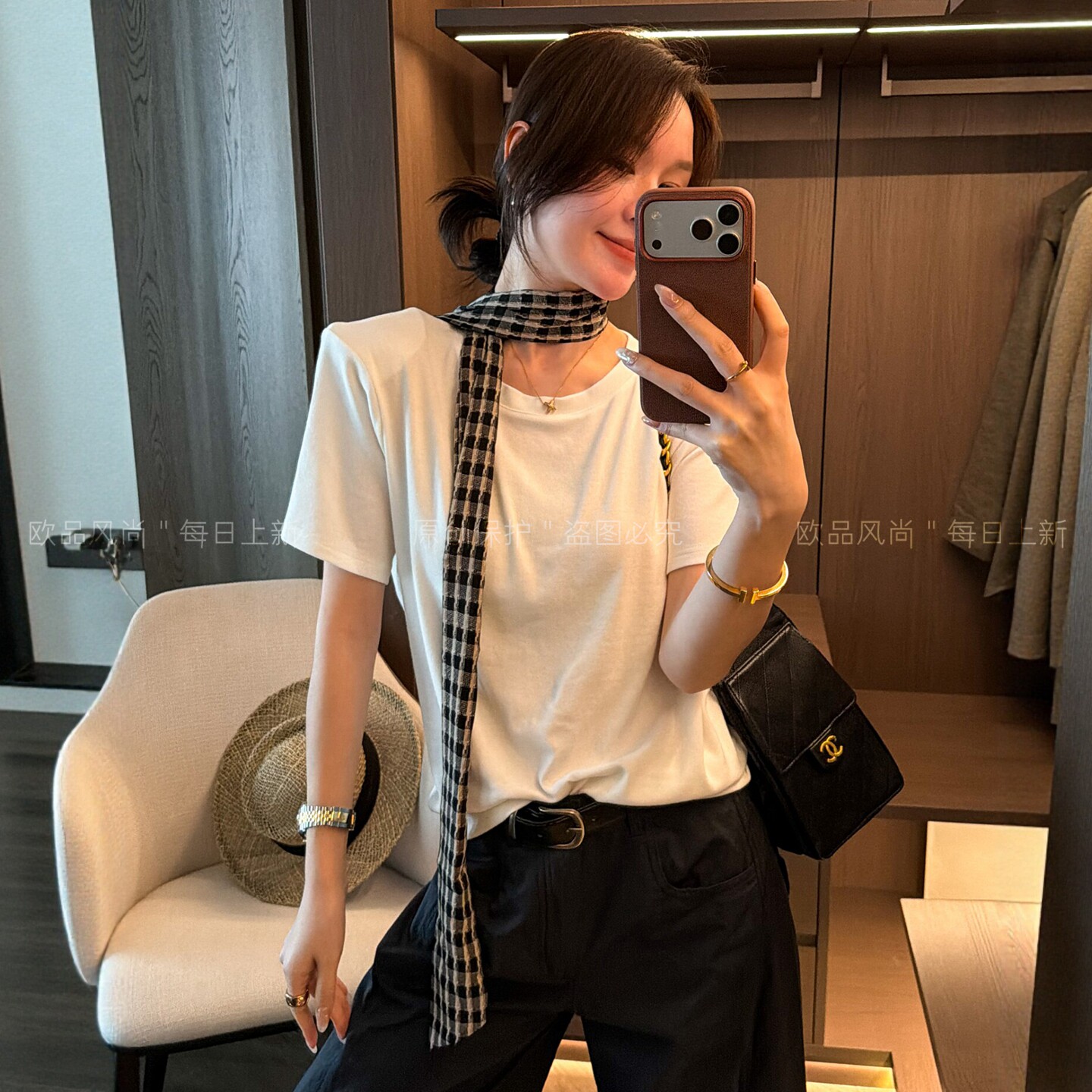 配领带修身短袖T恤女欧洲站上衣