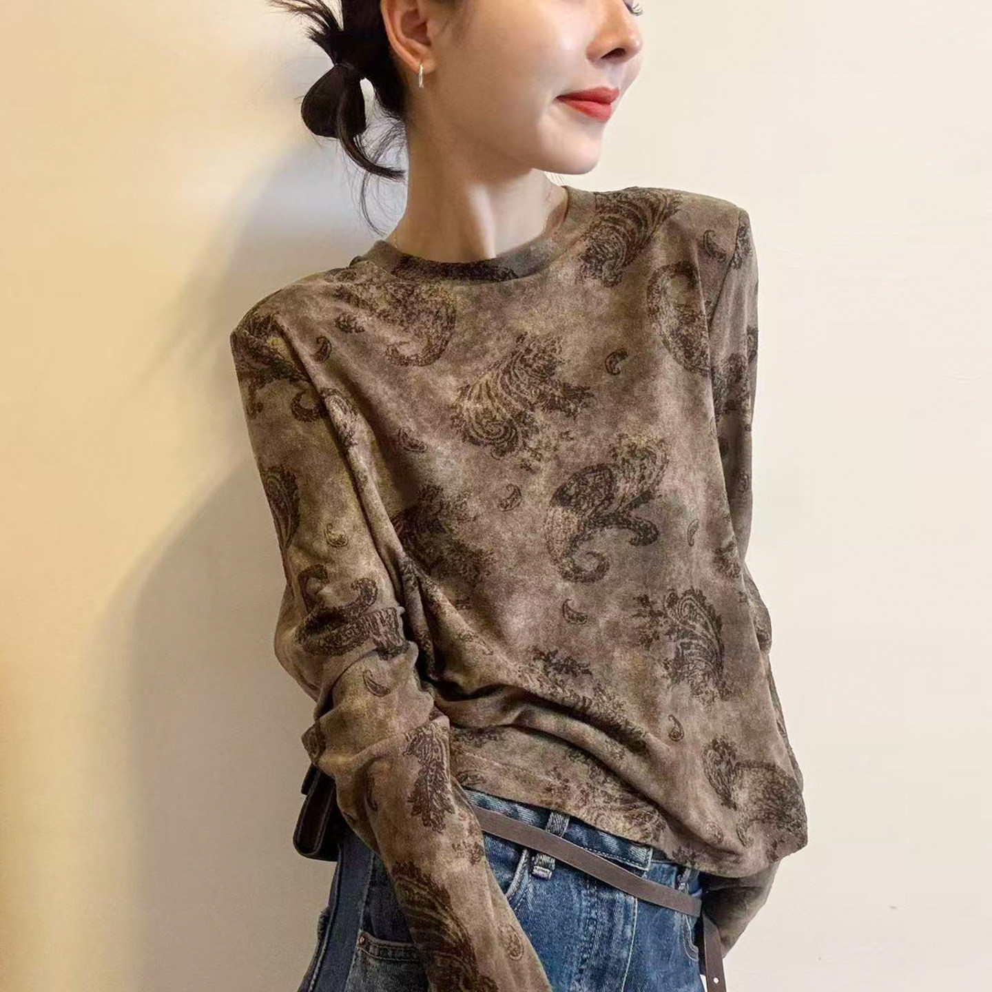 复古扎染印花长袖T恤女欧洲站潮