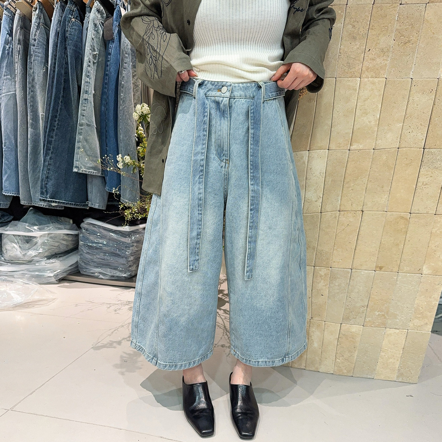 抽绳系带九分阔腿牛仔裤女欧洲站2026春装新款欧货女装直筒裤子潮