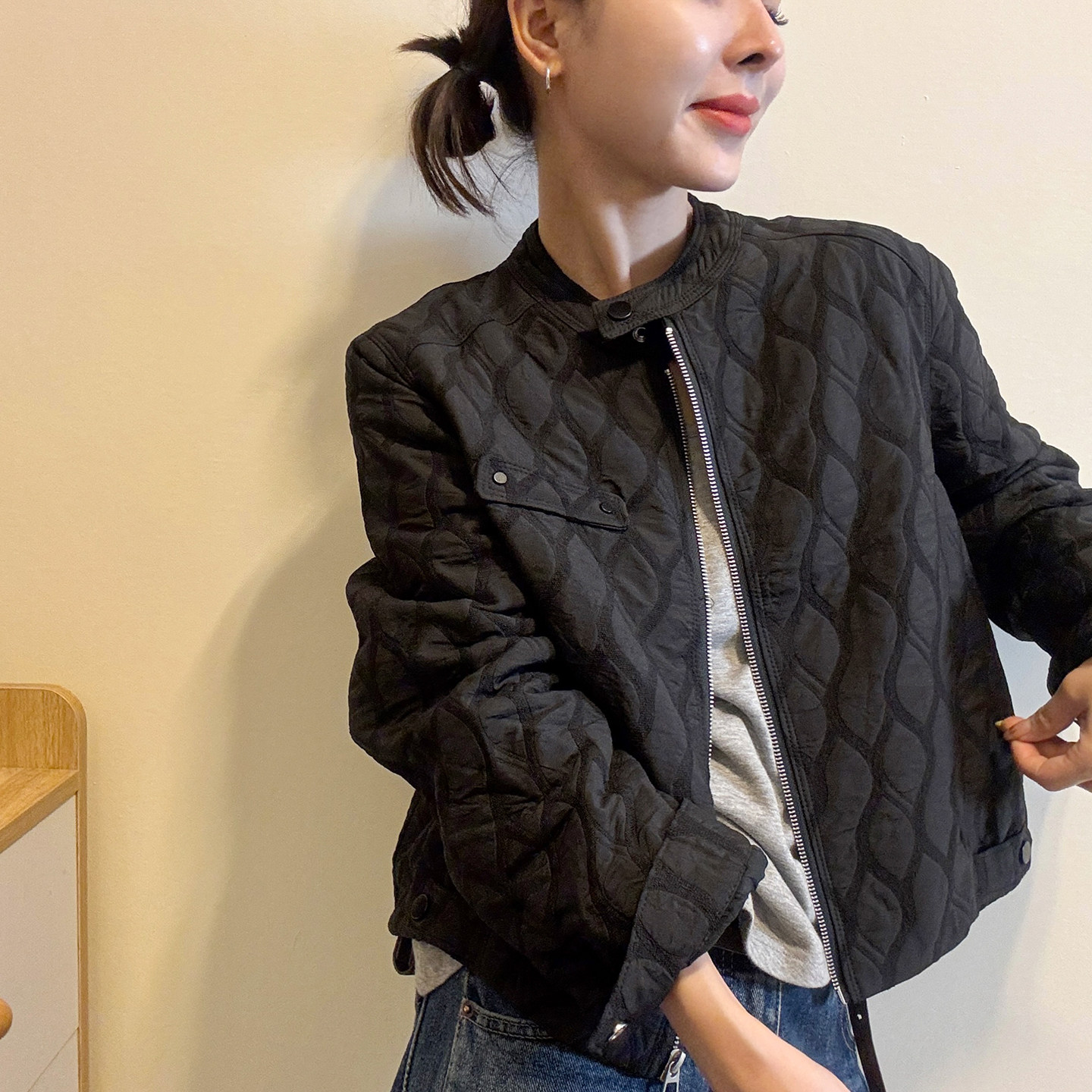 棒球领压格加棉外套女欧洲站棉服