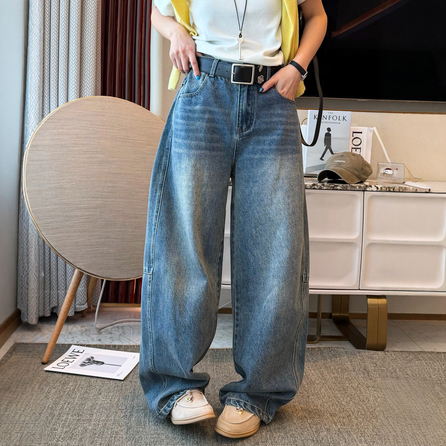 复古磨破弯刀阔腿牛仔裤女欧洲站2026春装新款欧货女装直筒裤子潮