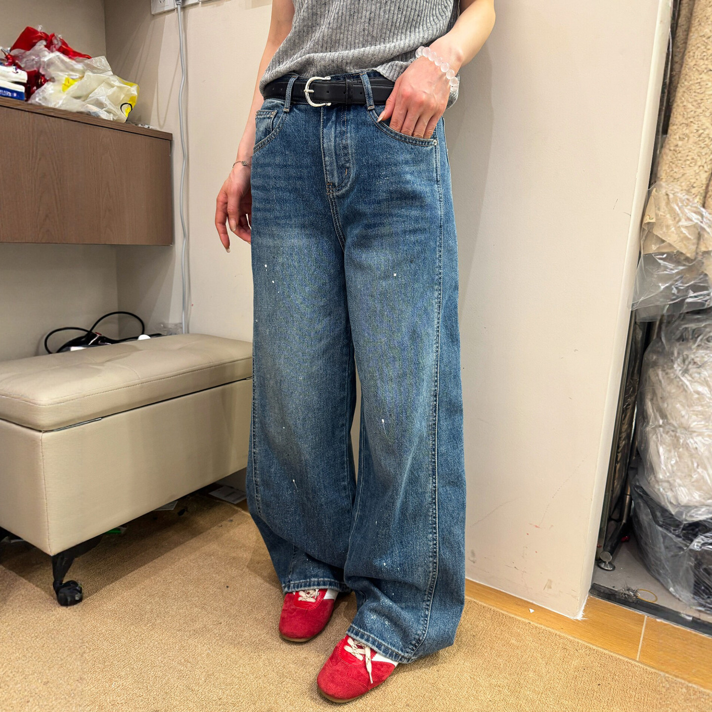 深蓝色拖地阔腿牛仔裤女欧洲站2026春装新款欧货女装时尚直筒裤潮