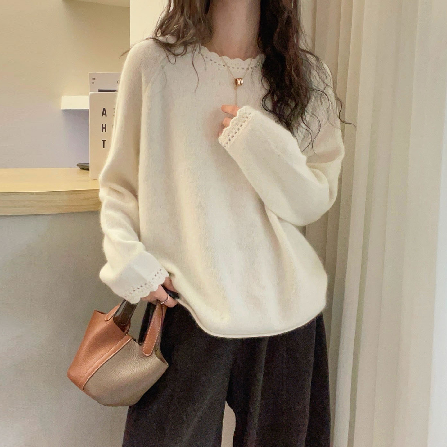 镂空钩花羊绒针织衫女欧洲站上衣