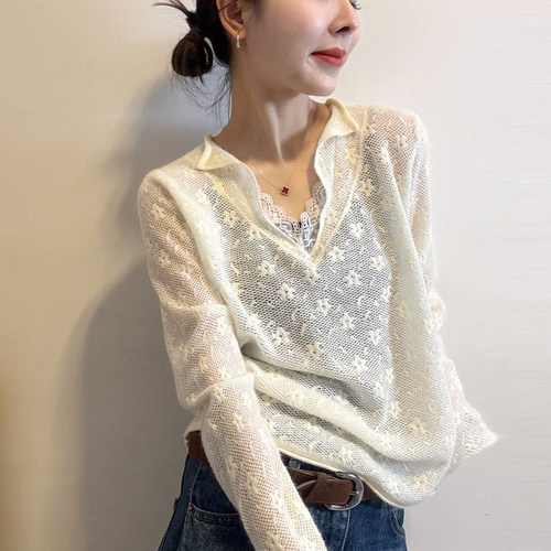 假两件蕾丝钩花羊毛针织衫女欧货