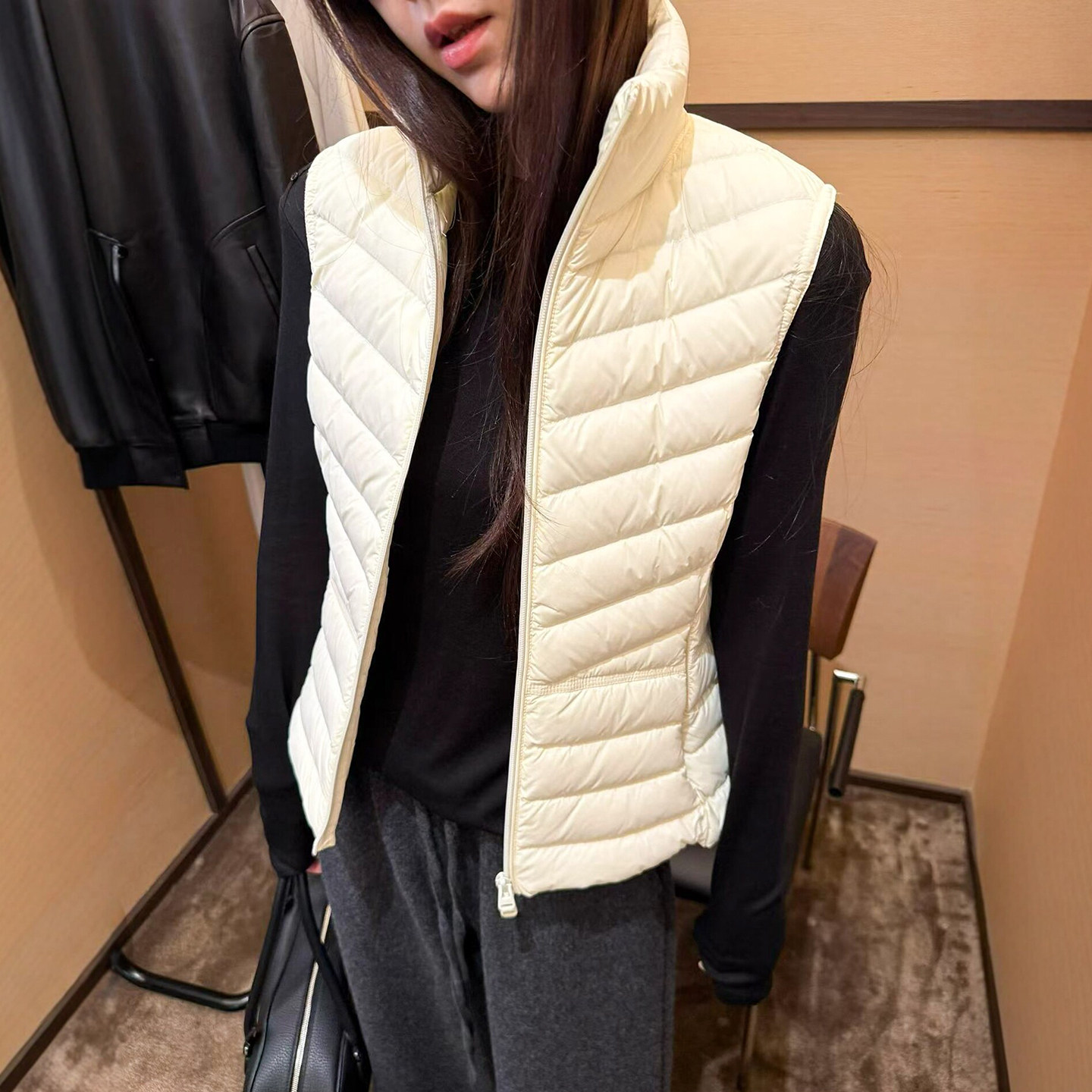 立领压格羽绒服马甲外套女欧洲站