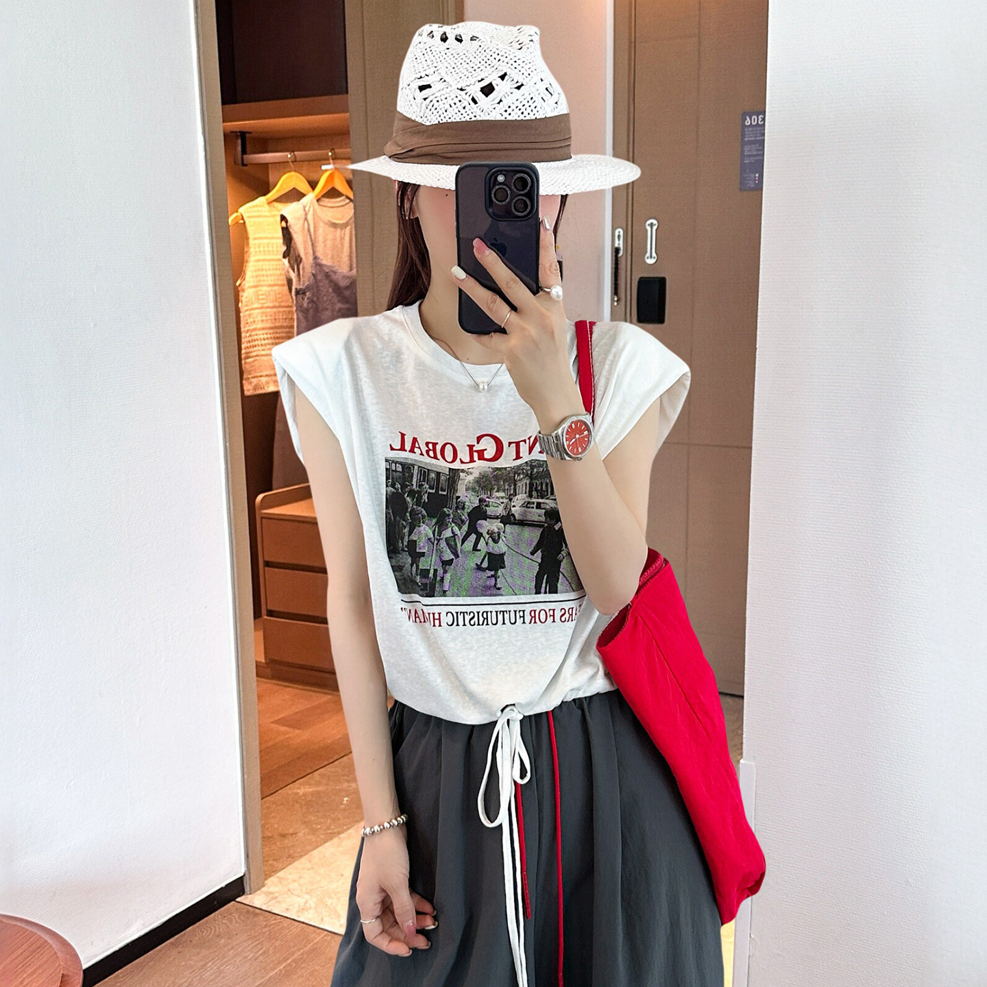 下摆抽绳印花飞飞袖T恤女欧洲站