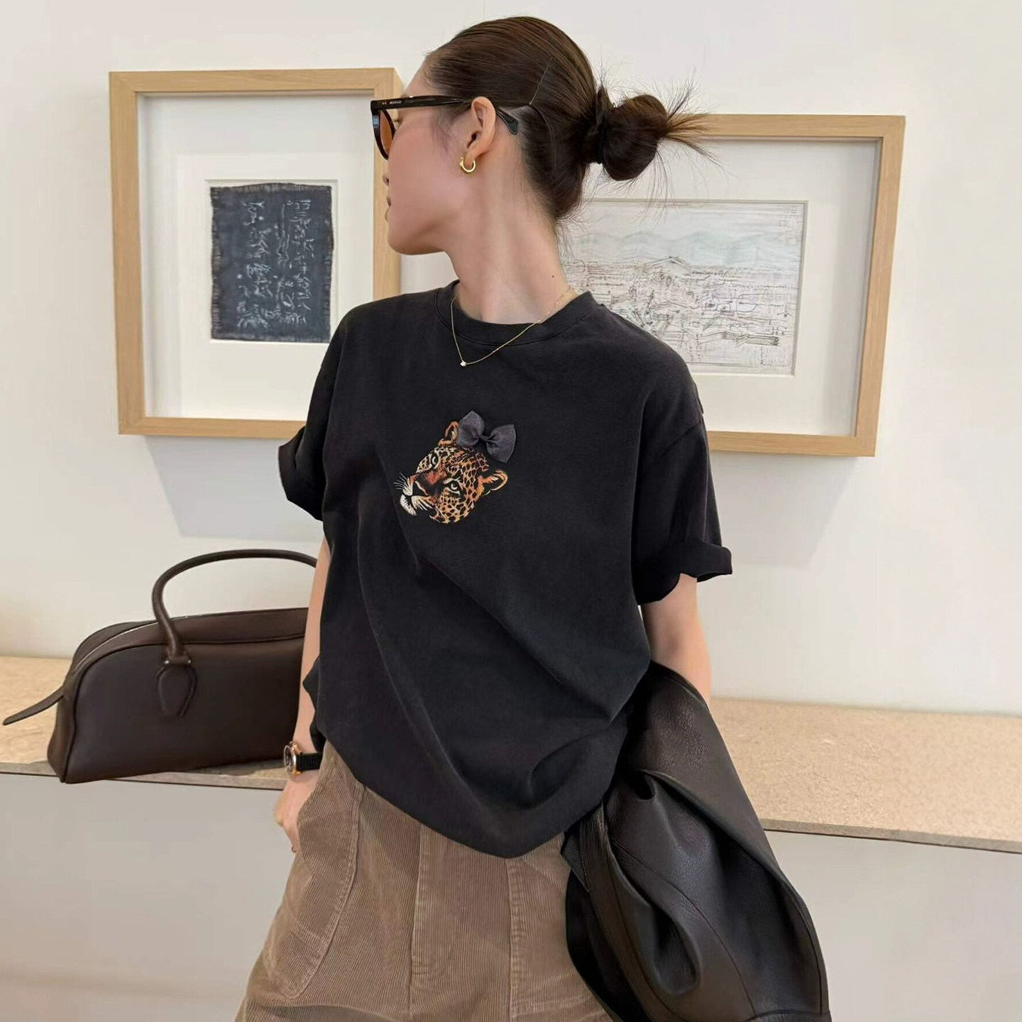 豹头印花修身短袖T恤女欧货上衣